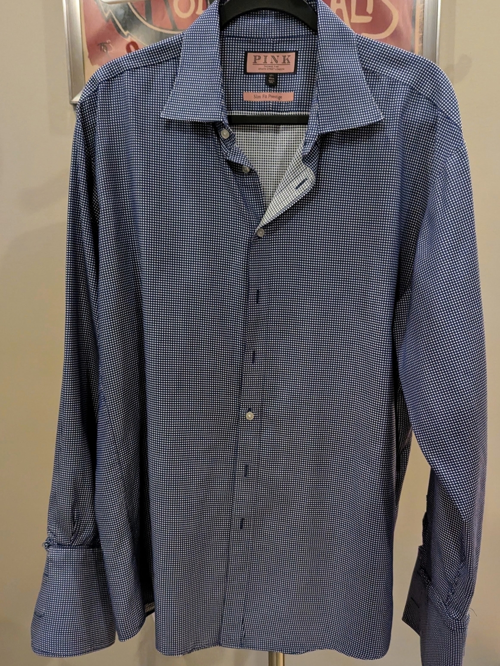 $30 Thomas Pink (17.5) Slim Fit Prestige Blue Micro Check Shirt French Cuff EUC